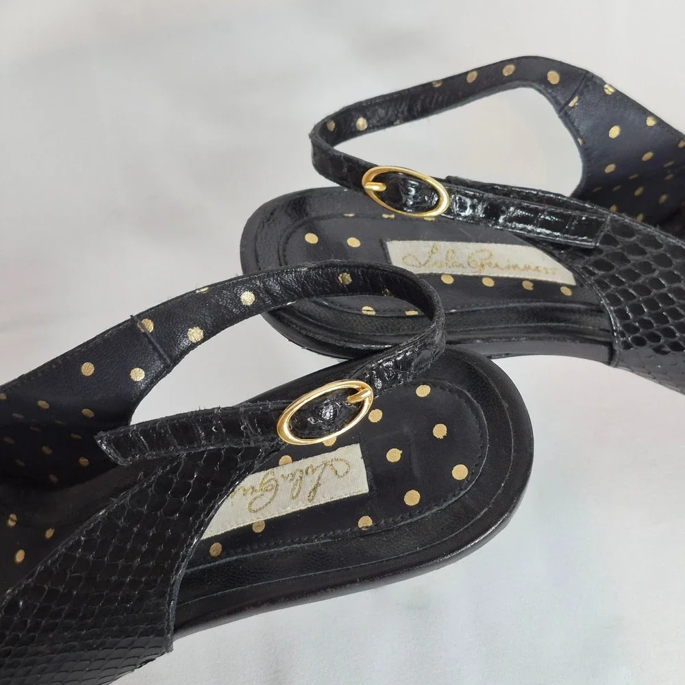 Lulu Guinness Black Snakeskin Leather Slingback Peep Toe Kitten Heels Spain 39
